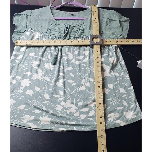 Daniel Rainn Blouse Top L Green White Floral Boho Tassel Tie Dainty Feminine - Picture 8 of 10